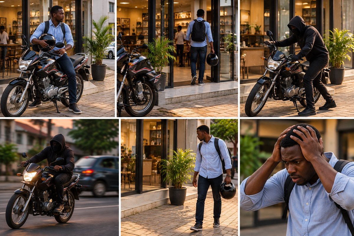 Six scènes : un homme gare sa moto, un voleur la prend, il revient et la retrouve disparue.